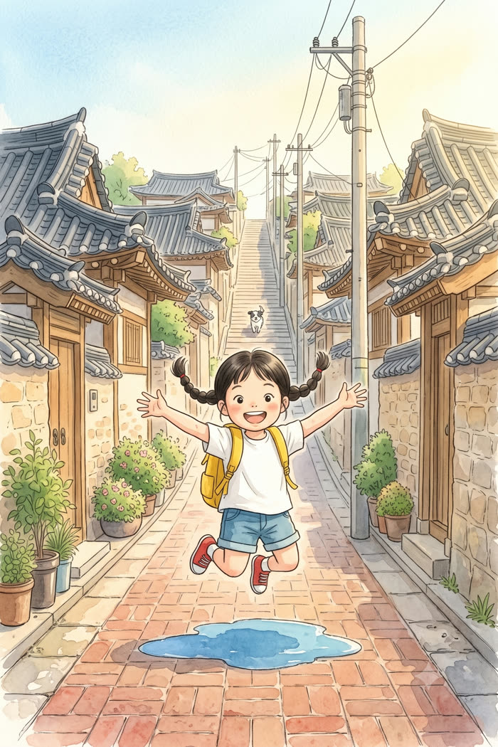 물웅덩이를 뛰어넘는 아이